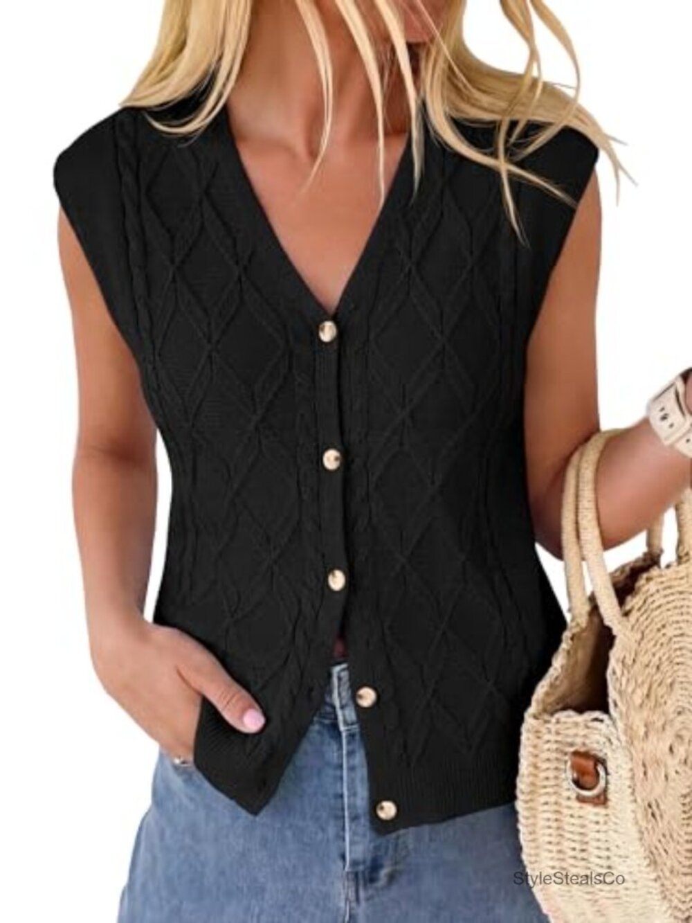 BTFBM Women's Lightweight Button-Up Sweater Vest Cap Sleeve V-Neck Knit Top